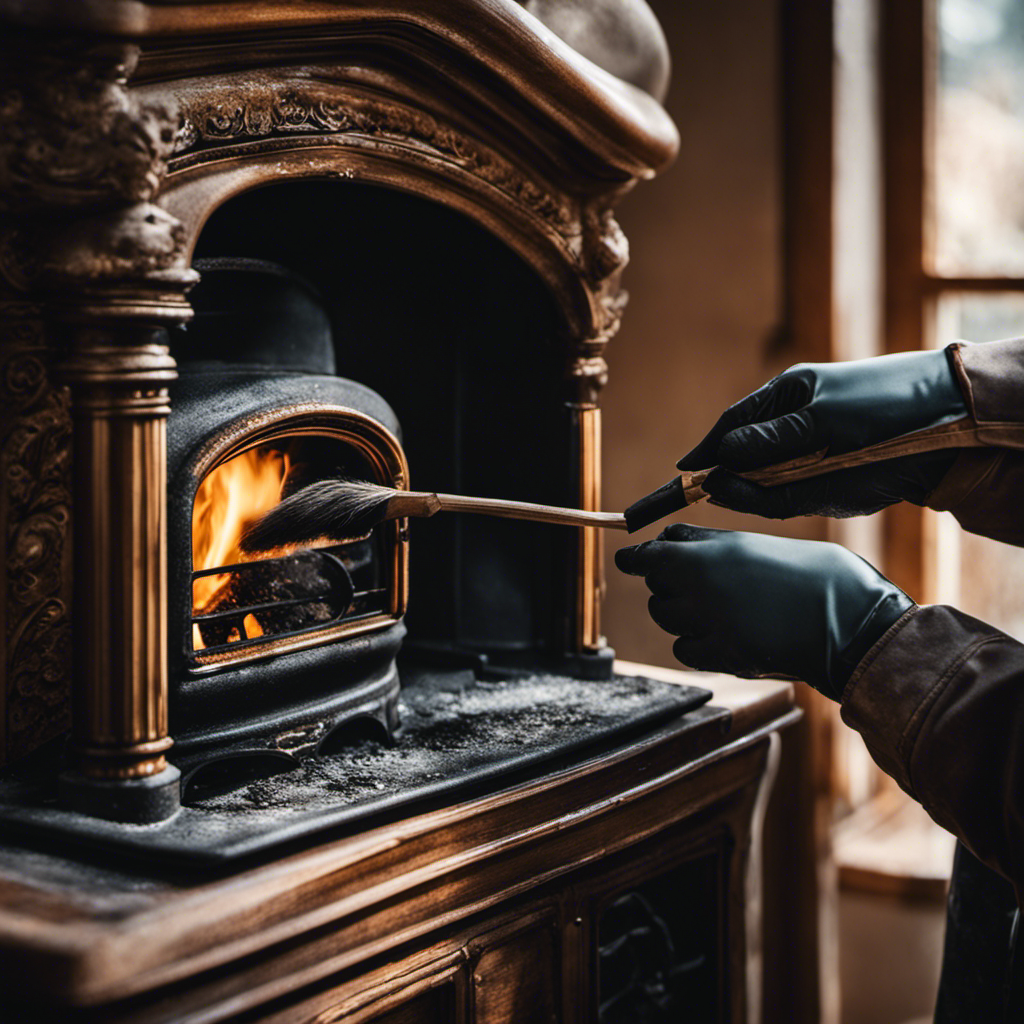 An image showcasing a pair of gloved hands diligently scrubbing the charred exterior of a wood stove with a brush, while a spray bottle filled with a mixture of vinegar and water sits nearby