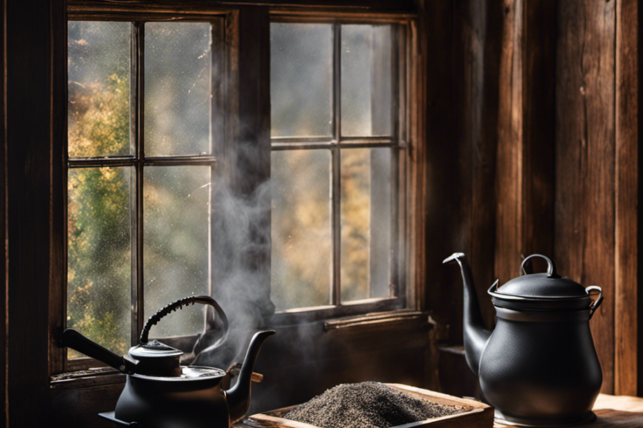 An image showcasing a pair of gloved hands delicately scrubbing away stubborn black residue from the inner glass window of a beautifully rustic wood stove, revealing a clear, pristine surface