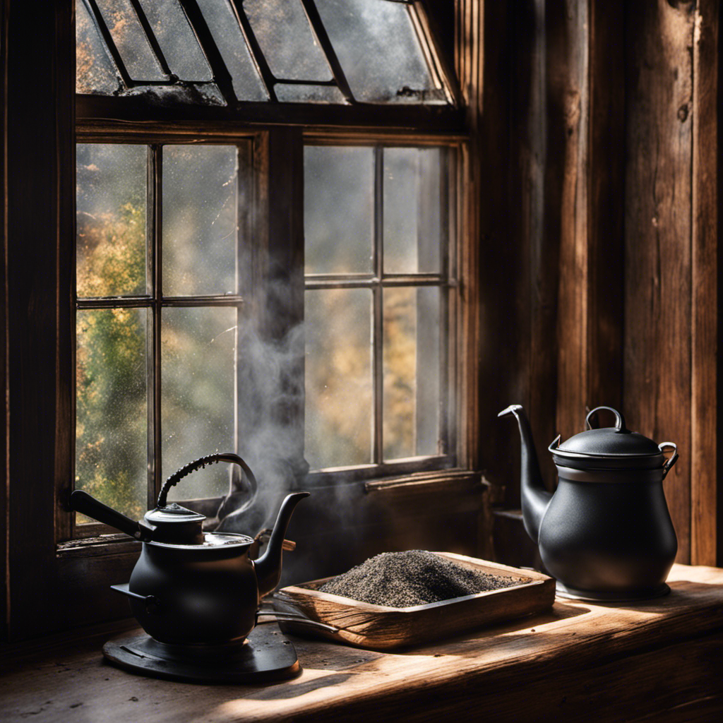 An image showcasing a pair of gloved hands delicately scrubbing away stubborn black residue from the inner glass window of a beautifully rustic wood stove, revealing a clear, pristine surface