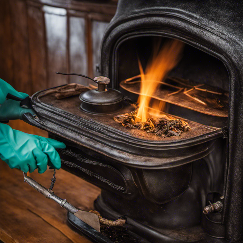 An image featuring close-up shots of a gloved hand gently scrubbing a wood stove's rusted surface with a wire brush, while another hand sprays a rust remover solution, emphasizing the easy and effective steps to clean rust off a wood stove