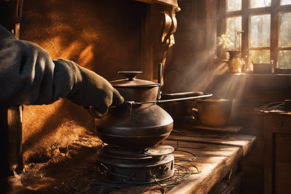 An image of a pair of gloved hands gently scrubbing a rusty wood stove surface with a wire brush, revealing the natural wood underneath
