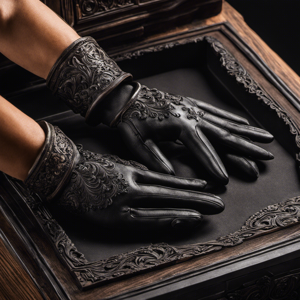 An image showcasing a pair of gloved hands delicately wiping away layers of black soot from the intricate carvings of a wooden stove, revealing its natural grain and restoring its beauty