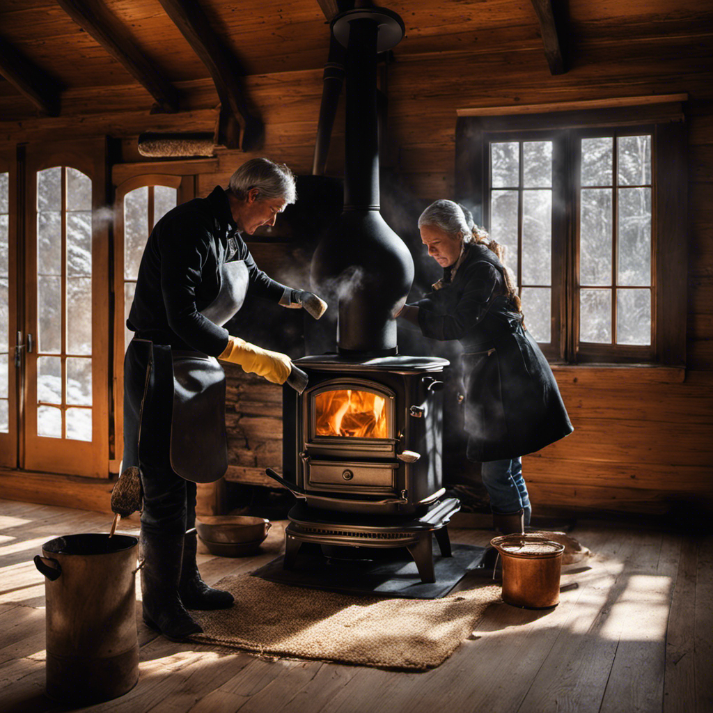 An image showcasing a person wearing rubber gloves, using a soft-bristle brush to remove soot and ash from the exterior of a wood stove