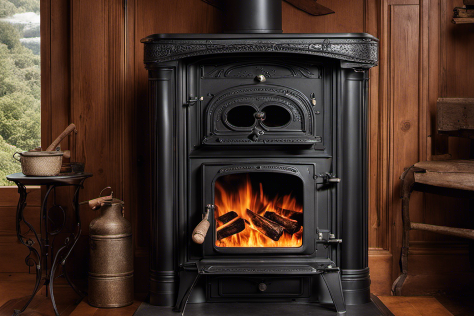 An image of a pair of gloved hands gently wiping away soot and grime from the clear glass door of a Franklin Wood Stove, Lopi, revealing a pristine view of dancing flames inside
