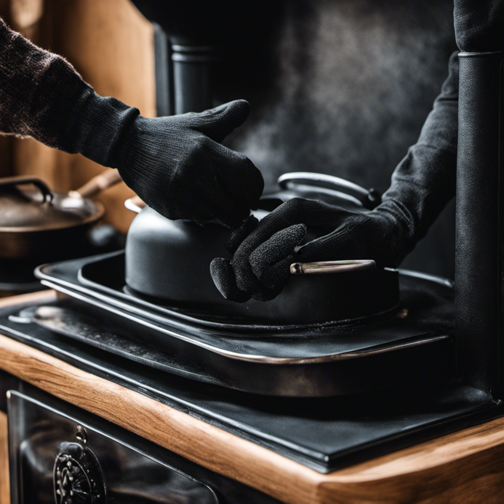 E an image for a blog post on cleaning a wood stove: A close-up view of a pair of gloved hands delicately scrubbing the glossy black surface of a wood stove, removing soot and grime with a soft cloth