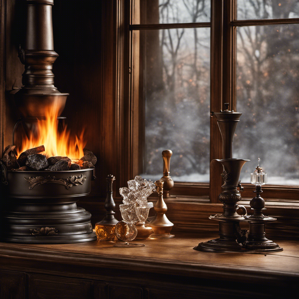 An image showcasing a pair of gloved hands delicately wiping away soot and grime from a wooden stove window, revealing a crystal-clear view of the roaring fire within