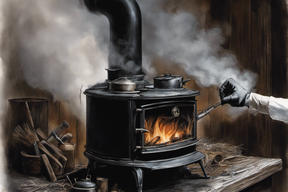 An image capturing a pair of gloved hands, wielding a wire brush, meticulously sweeping away layers of soot and creosote from the interior of a wood stove chimney