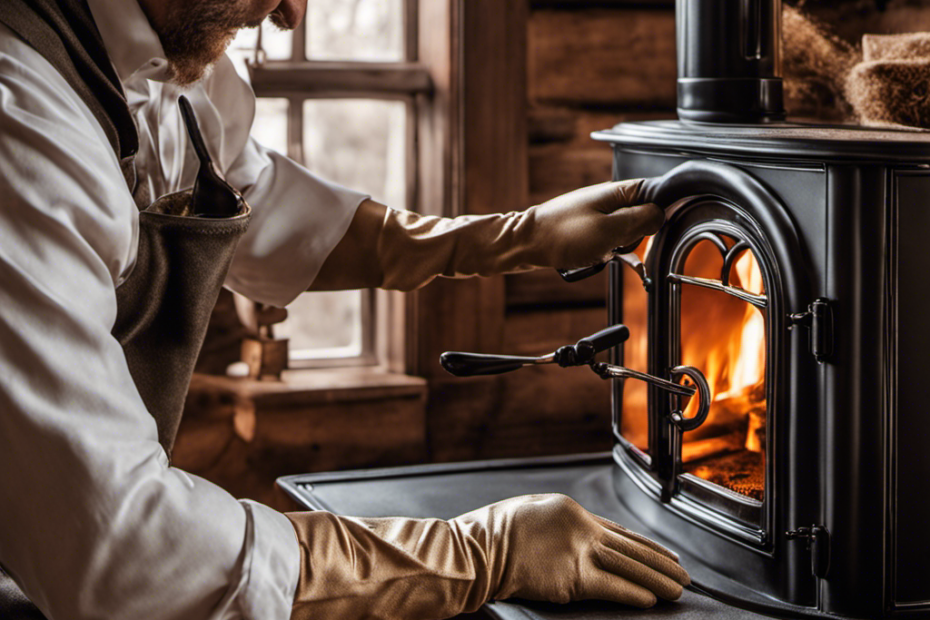 An image that showcases a pair of gloved hands delicately polishing the exterior of a wood stove with a soft cloth, revealing the glistening, lustrous surface as streaks of dirt disappear