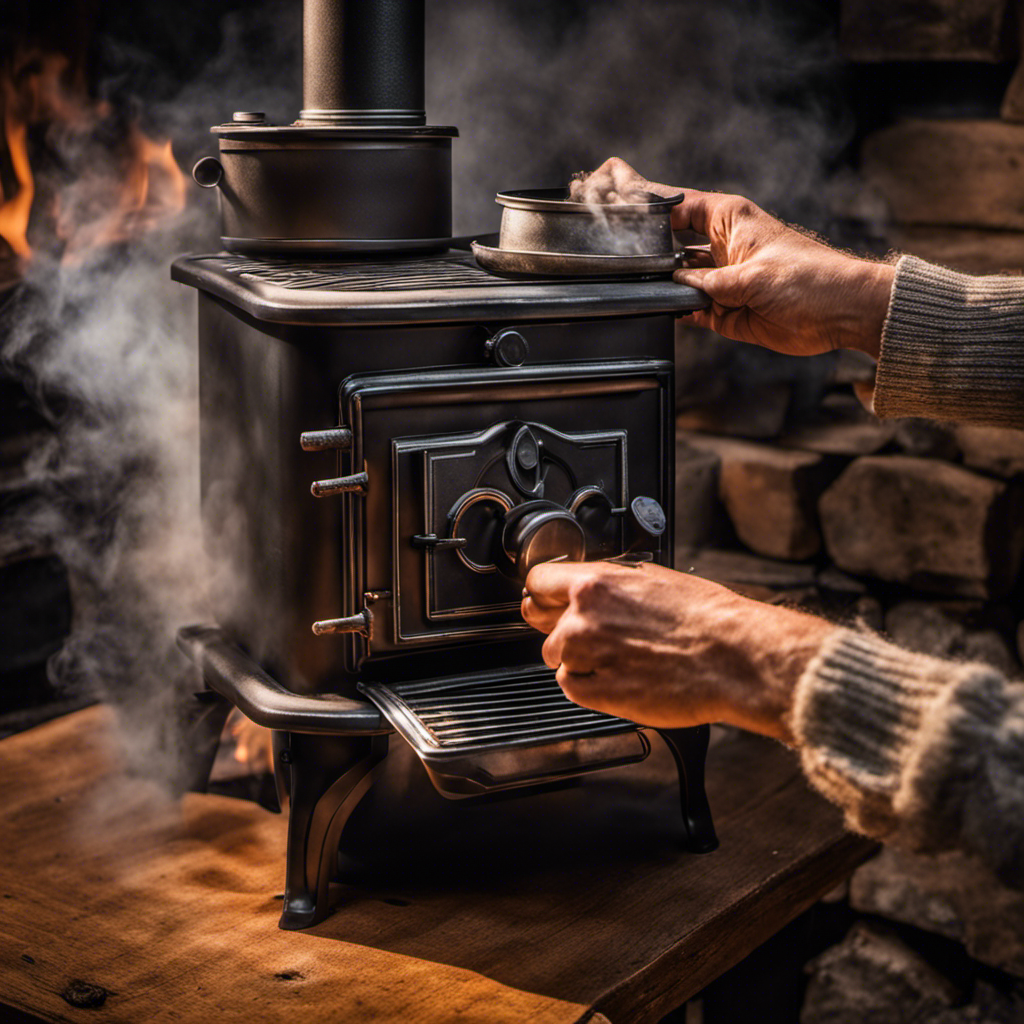 An image showcasing a pair of gloved hands gently adjusting the air intake lever on a wood stove, with wisps of smoke curling upwards from the flames, revealing the perfect balance of heat and oxygen