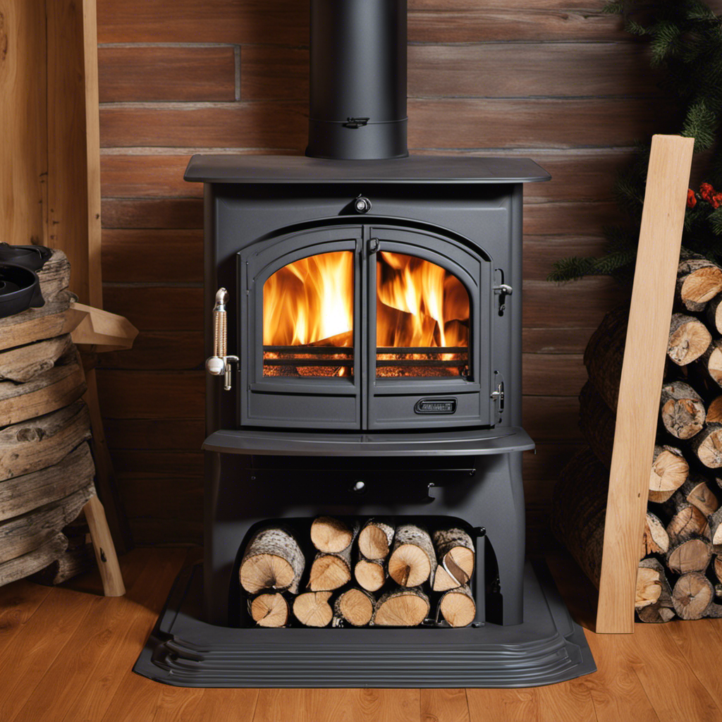 An image showcasing the step-by-step process of converting a wood stove to a pellet stove, capturing the removal of old logs, installation of a pellet hopper, connecting the fuel line, and adjusting the settings for optimum performance