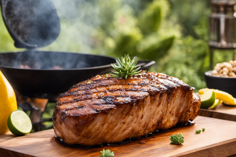 An image showcasing a succulent pork loin sizzling on a wood pellet grill