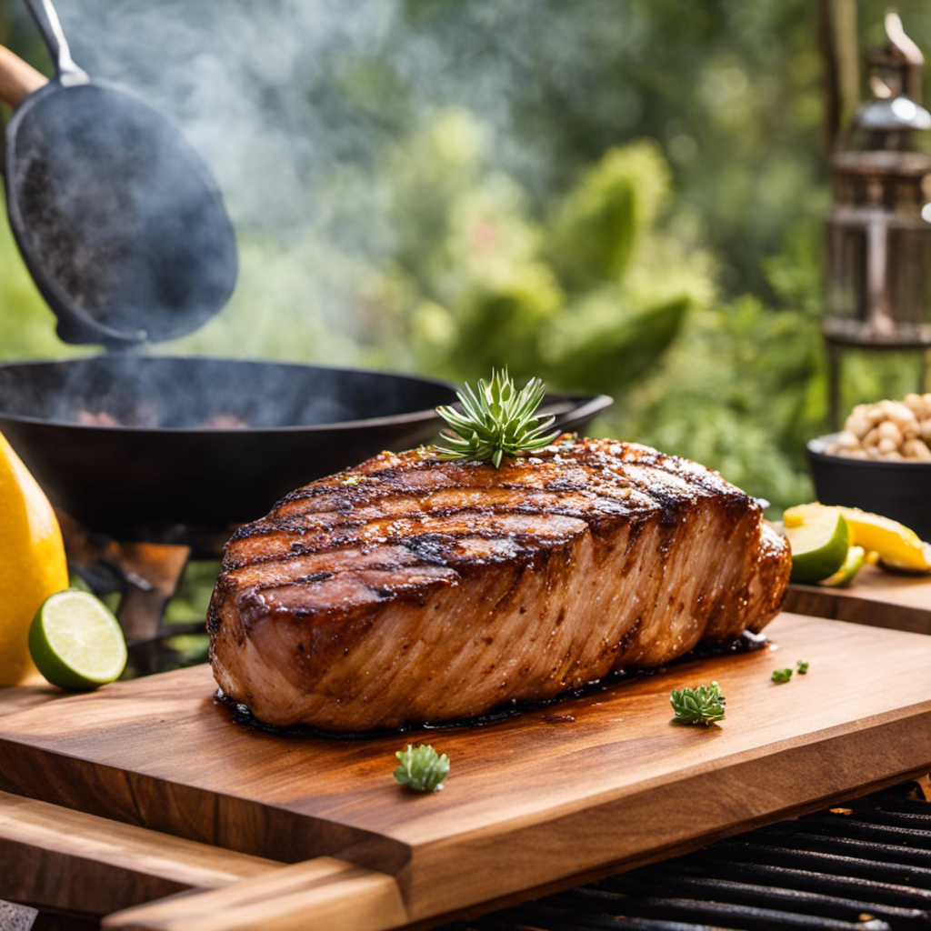An image showcasing a succulent pork loin sizzling on a wood pellet grill