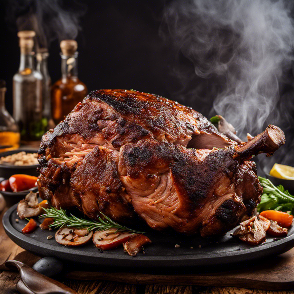Watering image of a perfectly seasoned pork shoulder, sizzling on a wood pellet grill, surrounded by billowing aromatic smoke