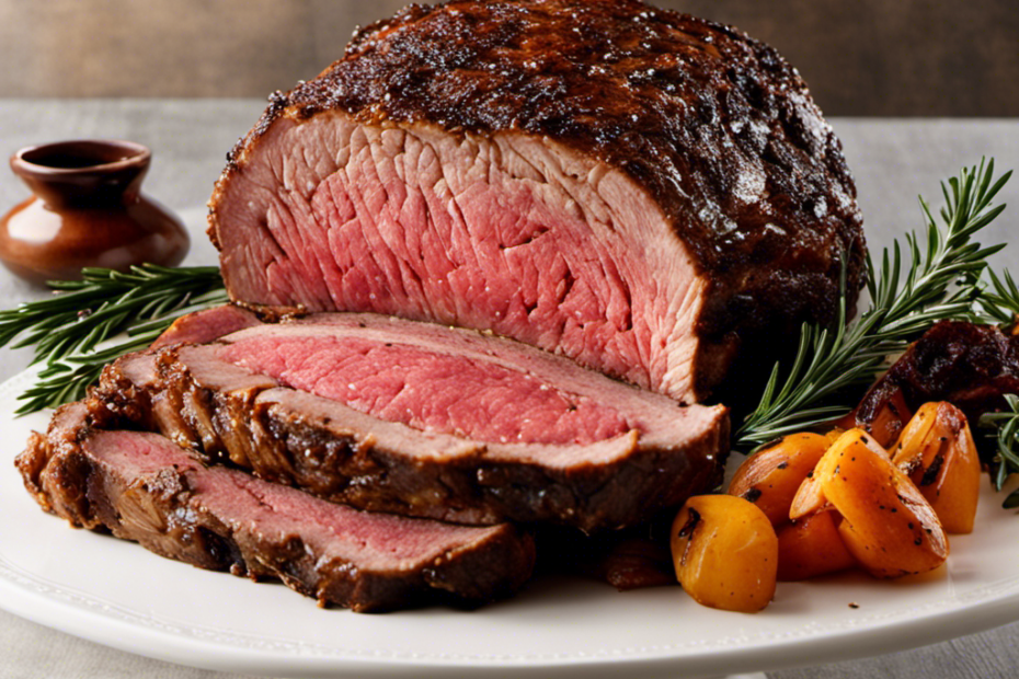 An image showcasing a succulent prime rib roast perfectly seared and seasoned with aromatic spices, glistening with juicy tenderness, cooked to perfection on a wood pellet grill, exuding a mouthwatering smoky aroma
