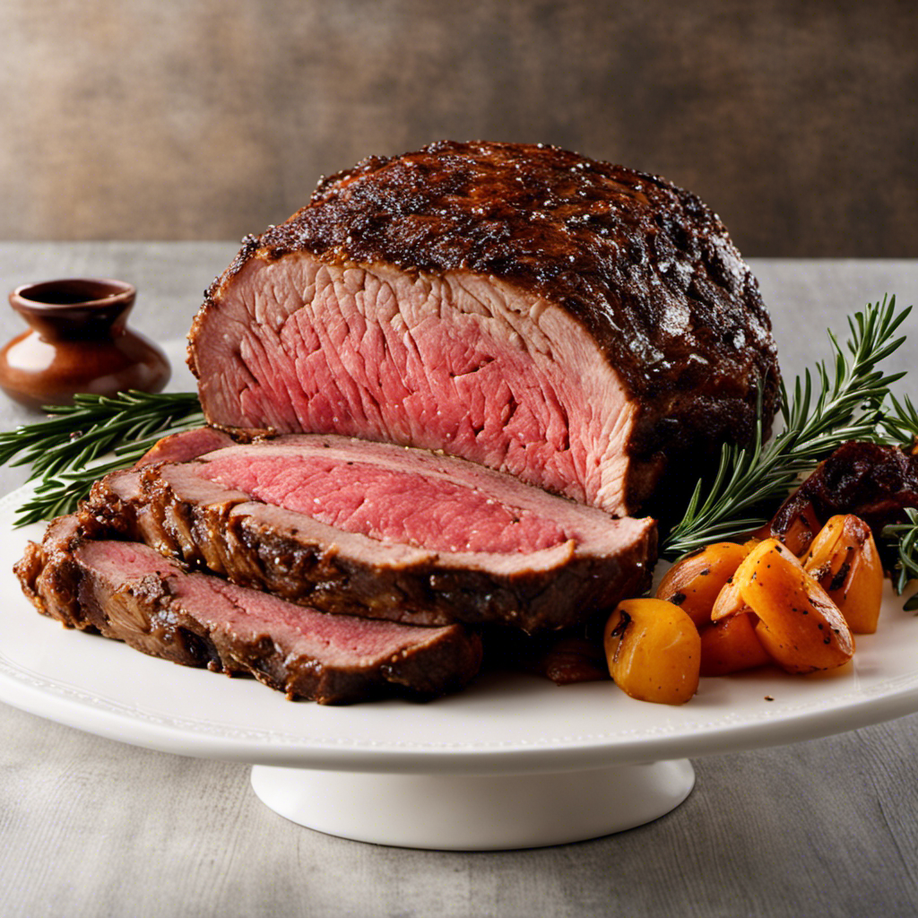 An image showcasing a succulent prime rib roast perfectly seared and seasoned with aromatic spices, glistening with juicy tenderness, cooked to perfection on a wood pellet grill, exuding a mouthwatering smoky aroma