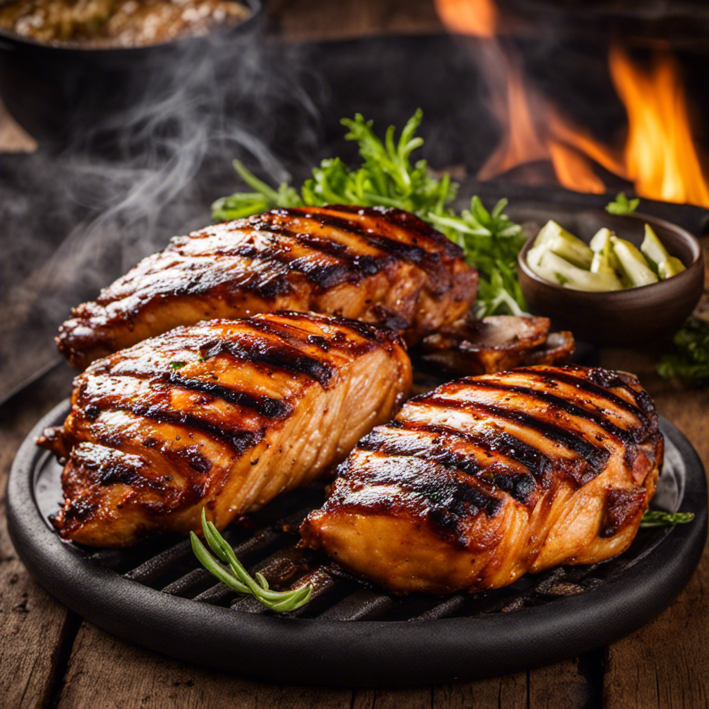 Watering image of succulent boneless BBQ chicken breast sizzling to perfection on a wood pellet grill, adorned with perfectly charred grill marks and a tantalizing glaze, surrounded by aromatic smoke