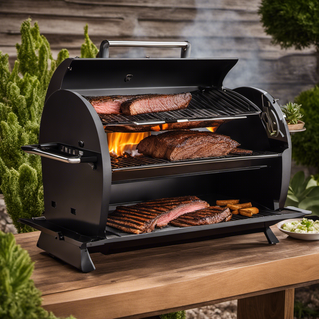 An image showcasing a succulent, smoky brisket perfectly cooked on a Grilla wood pellet grill