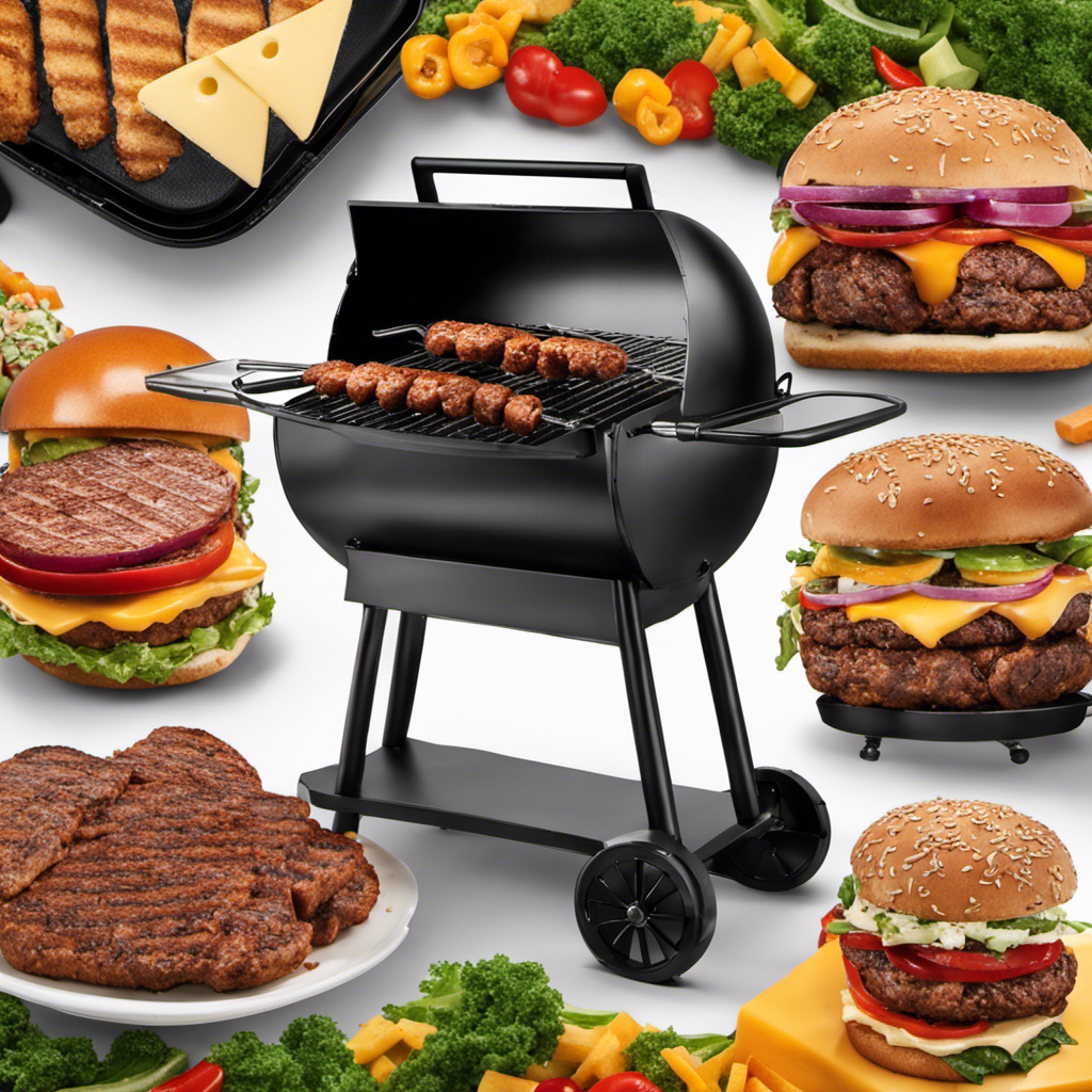 An image that showcases a sizzling wood pellet grill with juicy, perfectly charred burgers, adorned with grill marks, topped with melted cheese, and surrounded by a variety of fresh, vibrant toppings and condiments