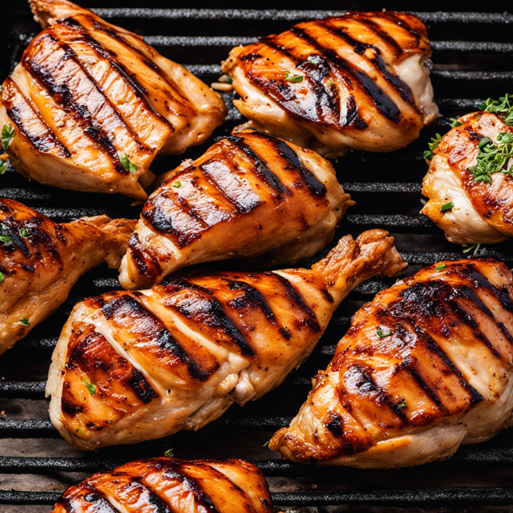 An image showcasing a succulent chicken breast sizzling on a wood pellet grill, infused with tantalizing grill marks