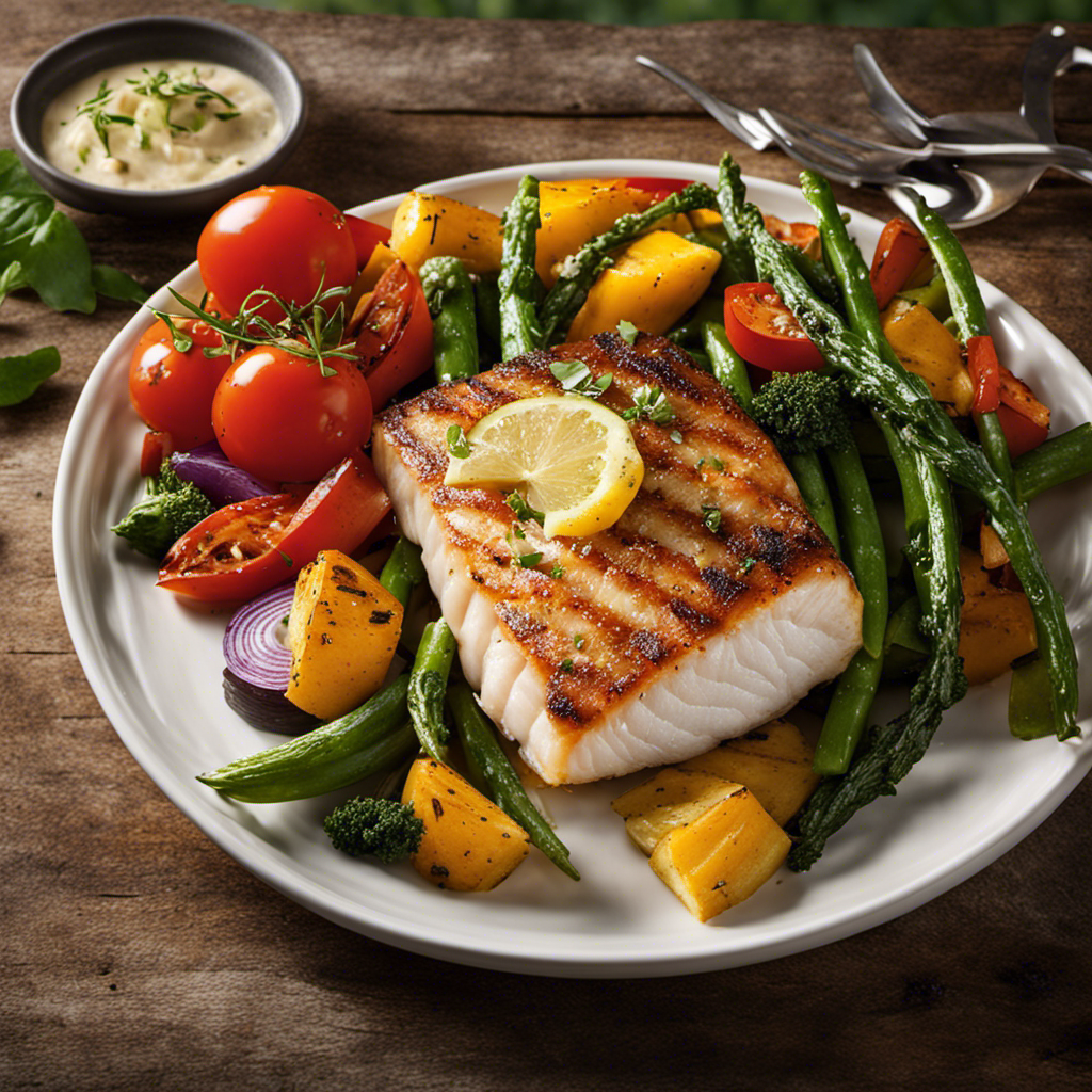 Ting image showcasing a glistening fillet of cod delicately placed on the sizzling grates of a Green Mountain Wood Pellet Grill, surrounded by a medley of vibrant grilled vegetables