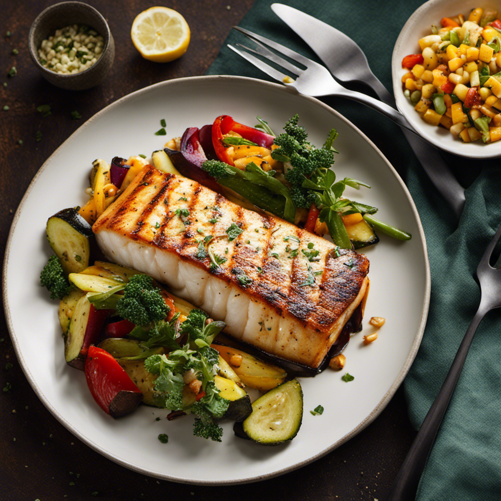 An image showcasing a succulent piece of cod fillet, perfectly seared with grill marks, sizzling on a Greenmountain Wood Pellet Grill, surrounded by a medley of vibrant grilled vegetables