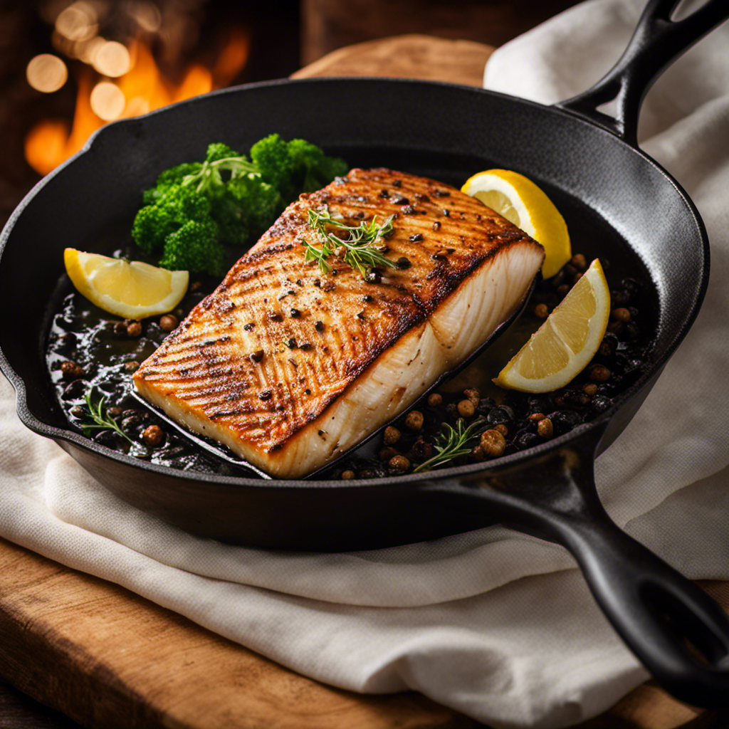 An image of a perfectly seared halibut fillet on a cast iron skillet, sizzling over the glowing embers of a wood pellet stove
