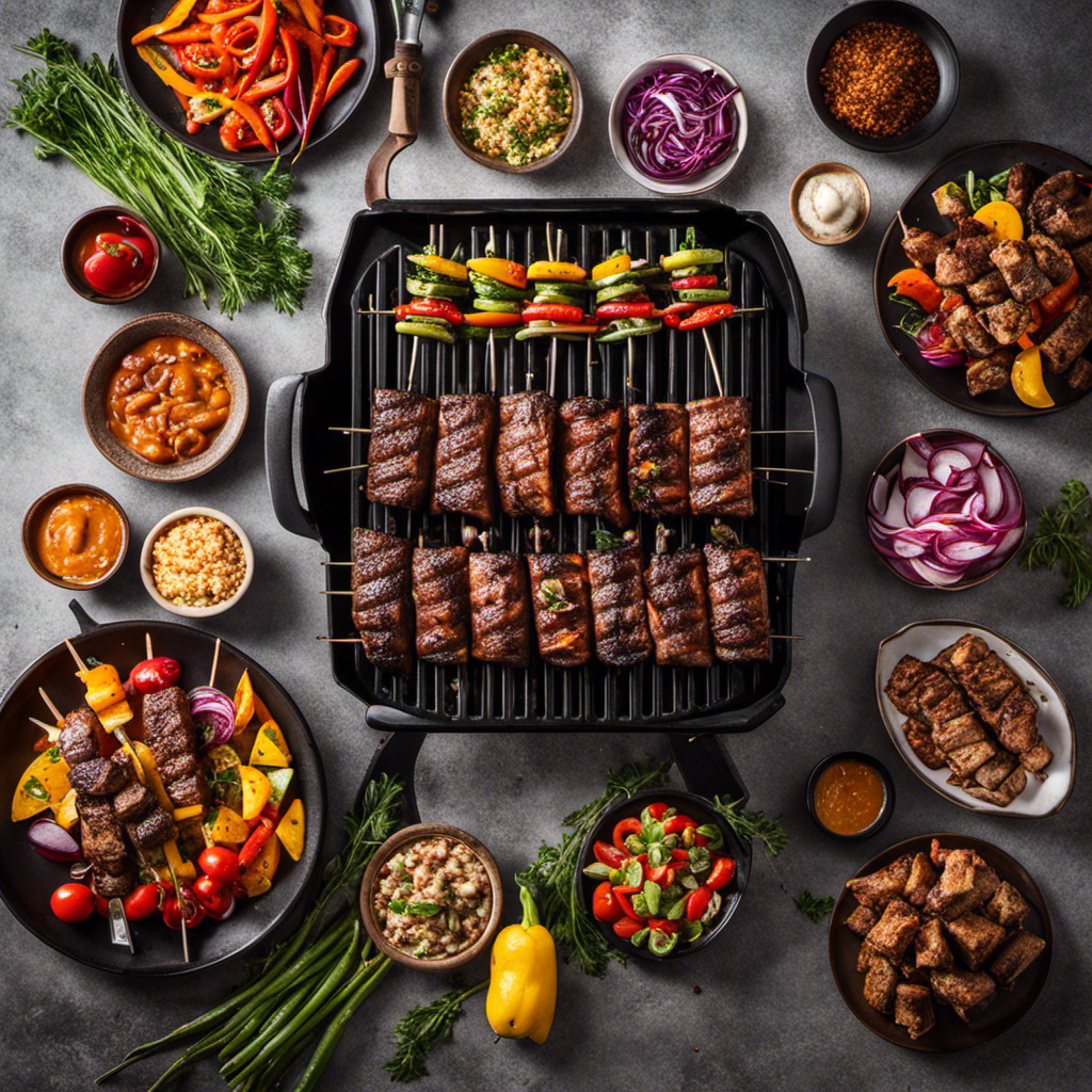 An image showcasing a sizzling wood pellet grill with juicy skewers of marinated meat and colorful vegetables