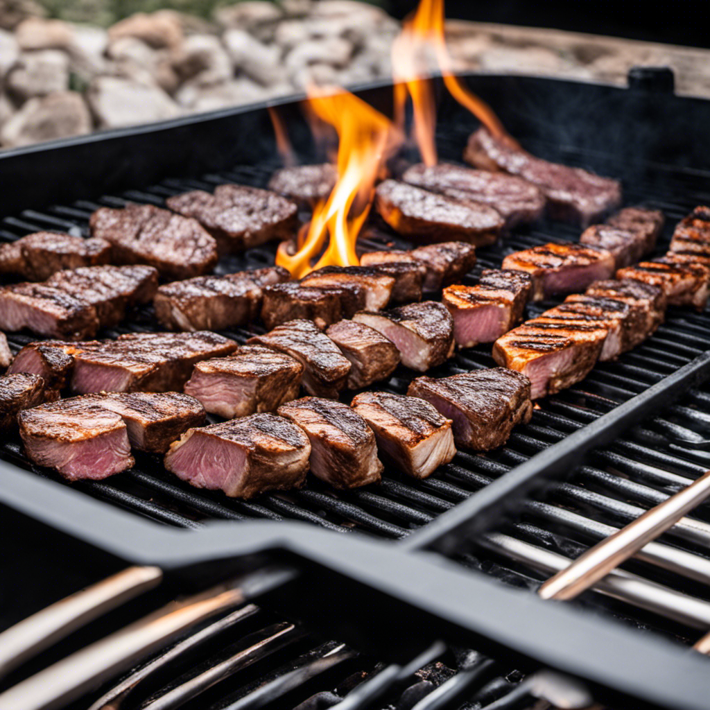 An image capturing the mesmerizing sight of succulent steaks sizzling on a wood pellet grill