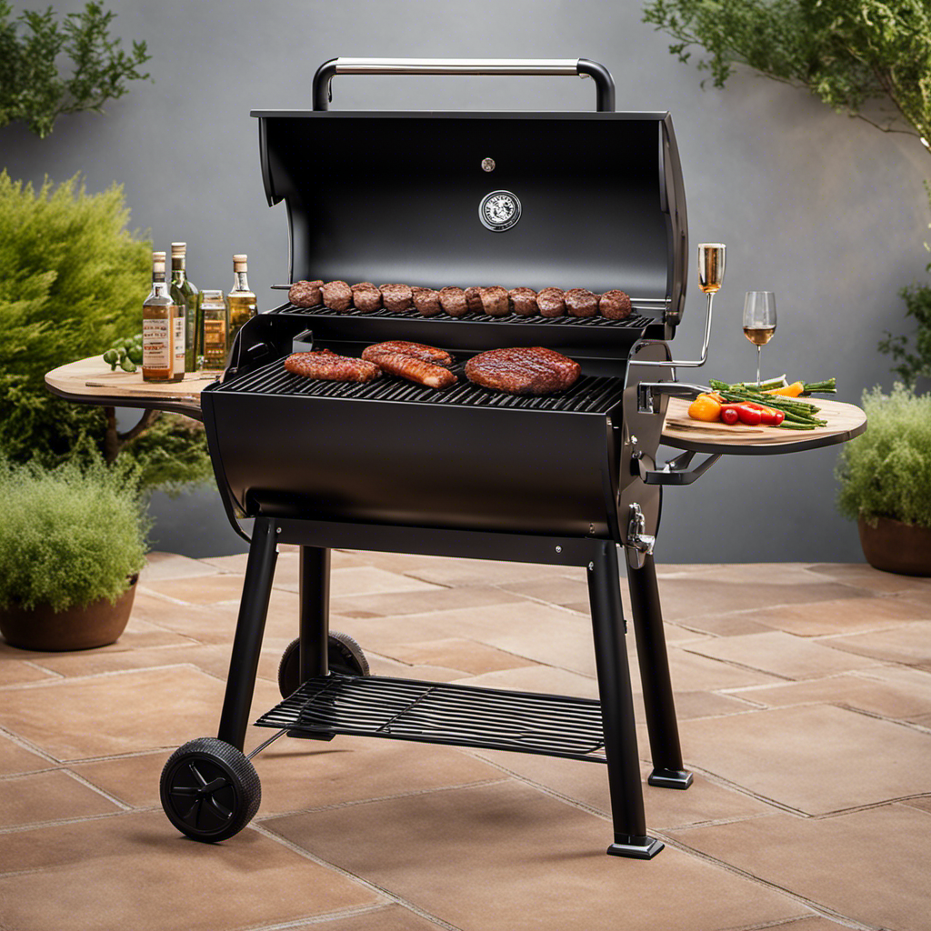 An image showcasing a sizzling wood pellet grill with succulent steaks, smoky sausages, and perfectly charred vegetables, all surrounded by a gentle haze of aromatic wood smoke
