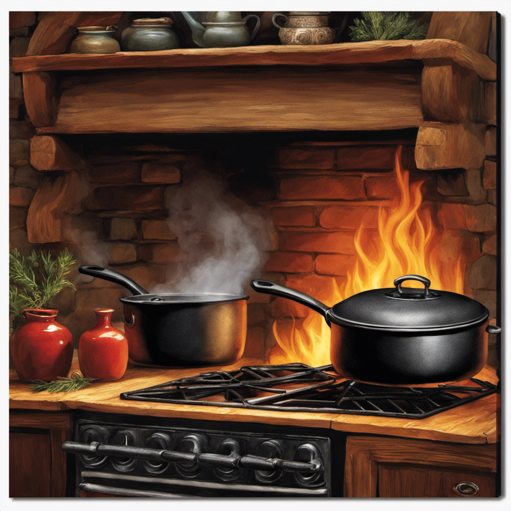 An image capturing the cozy ambiance of a rustic kitchen, featuring a cast-iron skillet sizzling on a wood stove's hot surface