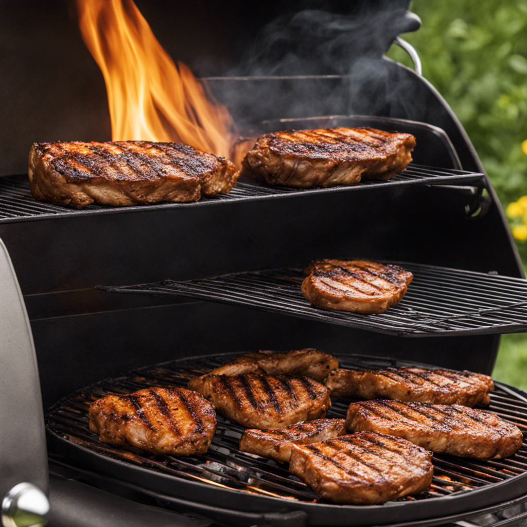 An image capturing the sizzling pork chop on a wood pellet grill, with tantalizing grill marks and a smoky aroma in the air