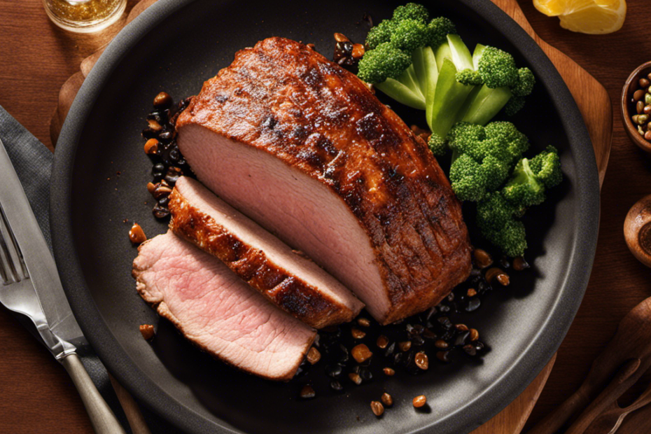 An image showcasing a succulent pork loin sizzling on a wood pellet grill, its flavorful juices caramelizing as wisps of aromatic smoke curl around the tender meat, evoking a mouthwatering symphony of flavors
