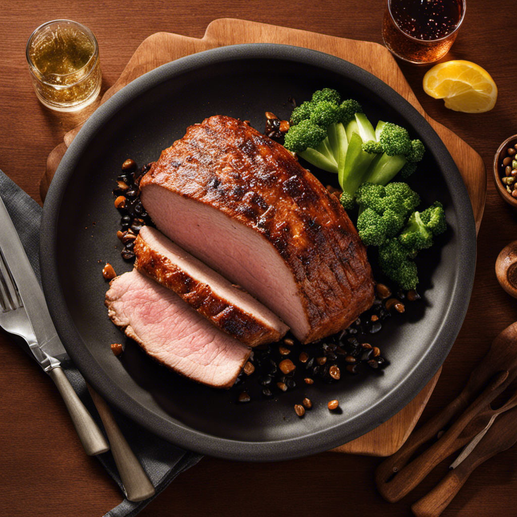 An image showcasing a succulent pork loin sizzling on a wood pellet grill, its flavorful juices caramelizing as wisps of aromatic smoke curl around the tender meat, evoking a mouthwatering symphony of flavors