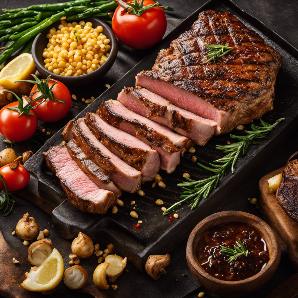 An image showcasing a mouthwatering pork steak sizzling on a wood pellet grill