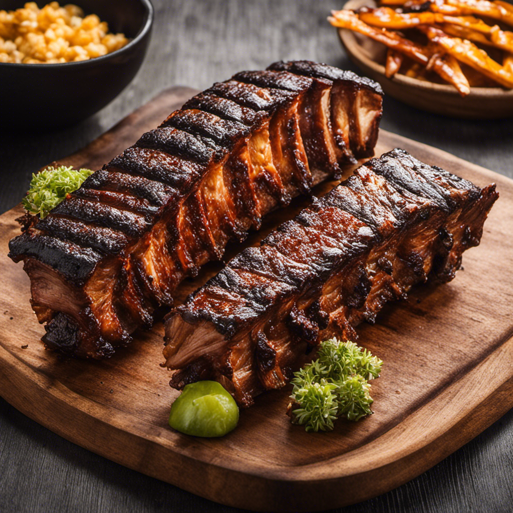 An image that showcases a succulent rack of ribs perfectly charred and caramelized, as they sizzle on a wood pellet grill