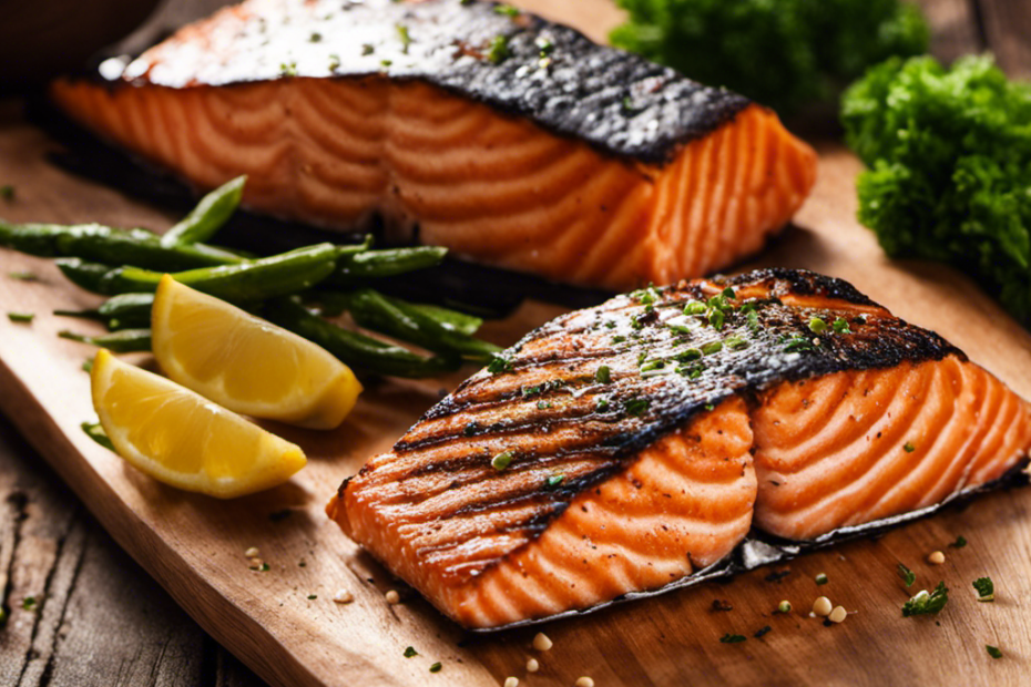 An image that showcases a perfectly grilled salmon fillet on a wood pellet grill