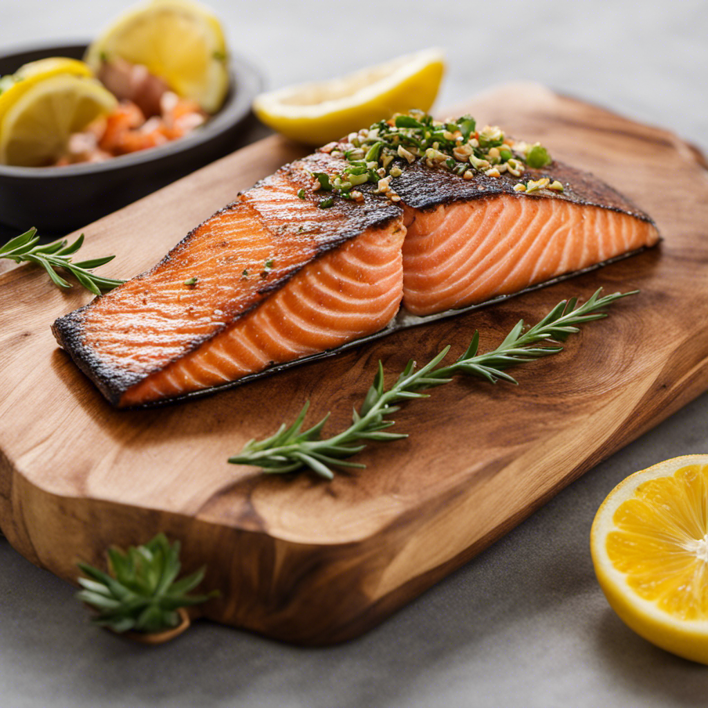 An image that showcases a succulent salmon fillet perfectly grilled to perfection on a wood pellet grill