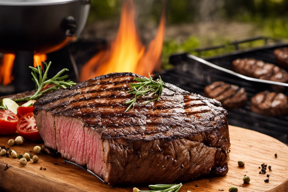 An image showcasing a juicy, perfectly charred steak sizzling on a wood pellet grill