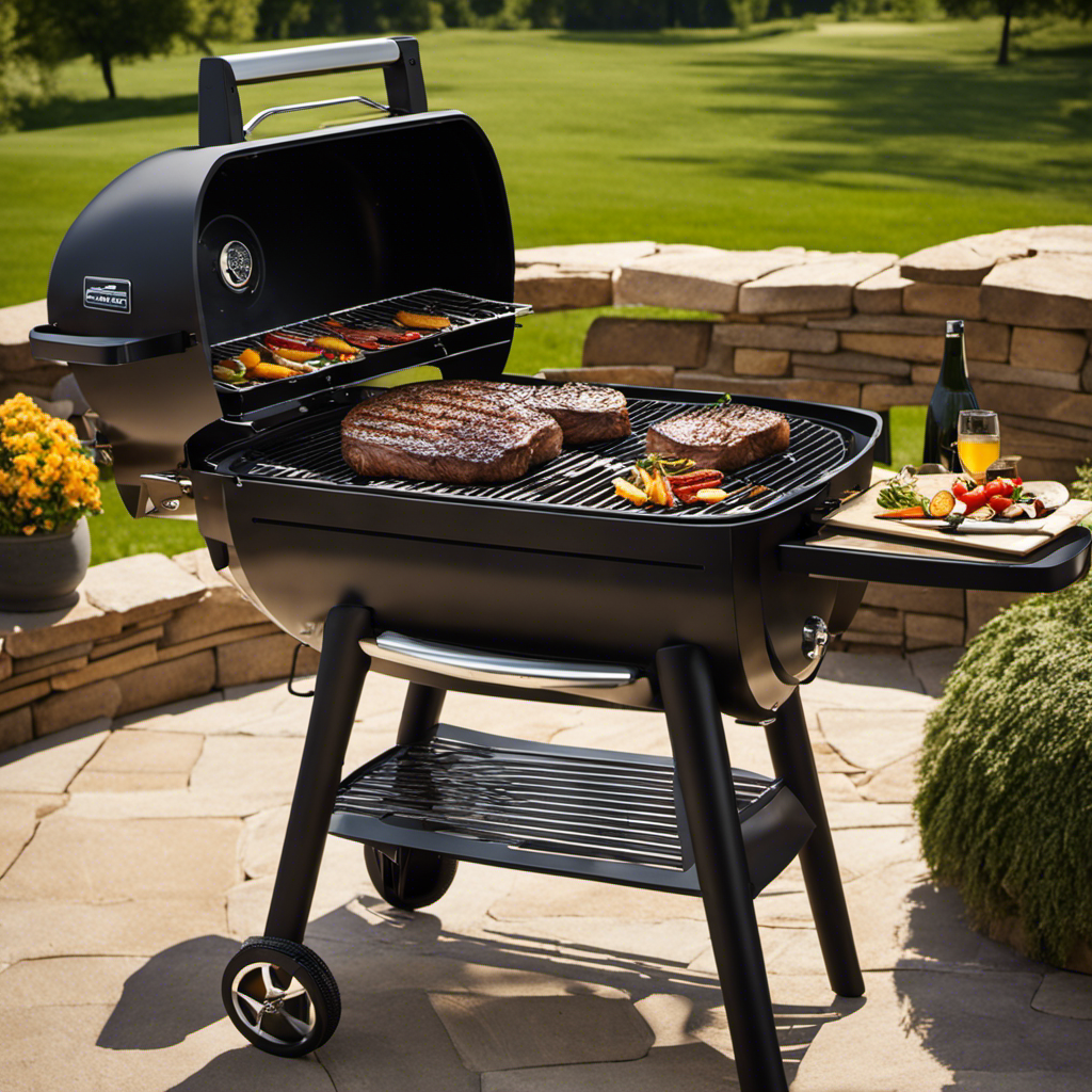 An image capturing the sizzling steaks on a Zpg-700c Wood Pellet Grill, showcasing the golden grill marks, juicy sear, and aromatic smoke engulfing the tender meat, enticing readers to master the art of grilling perfection