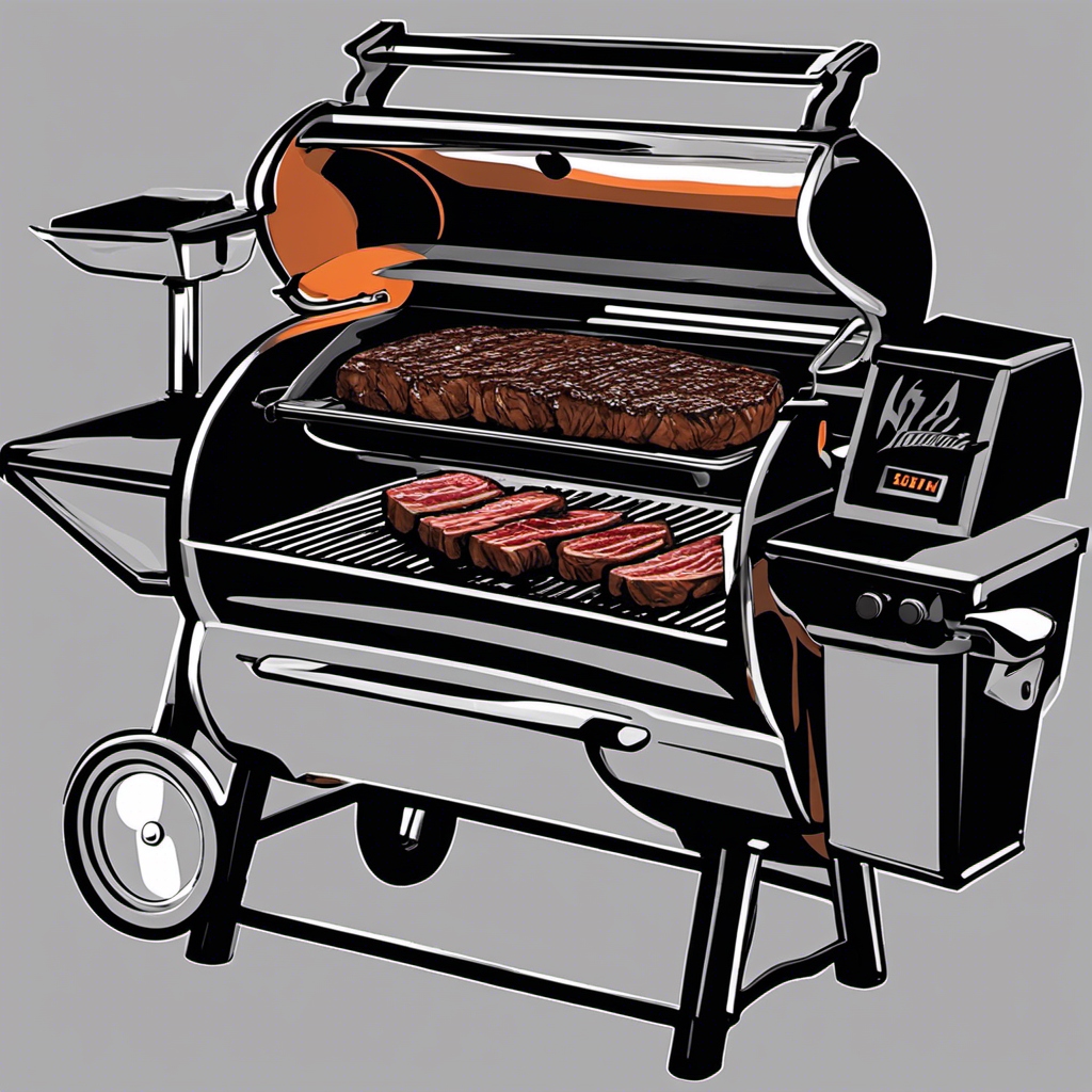 An image showcasing a sizzling steak on a Traeger Wood Pellet Grill, with fragrant wood smoke wafting around it