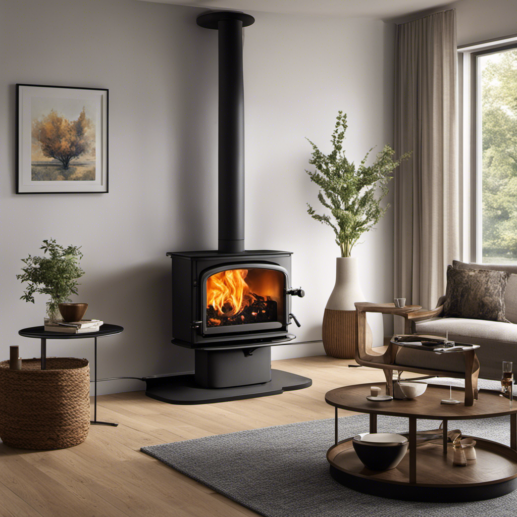 An image that showcases a serene living room with a wood stove at its heart