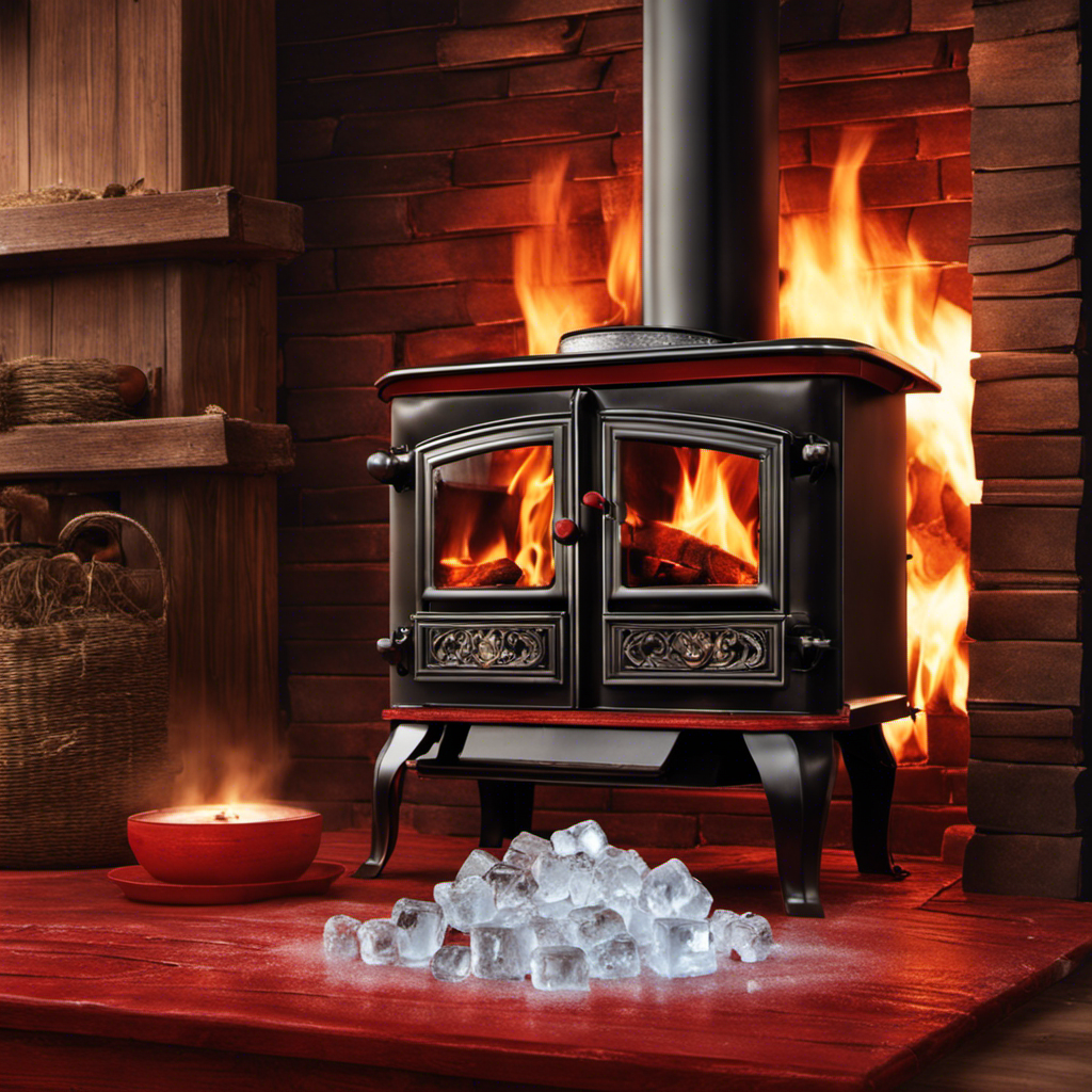 An image depicting a hand gently placing ice cubes on the red-hot surface of a wood stove, with the melting ice producing a cooling effect, releasing steam, and creating a contrasting temperature contrast