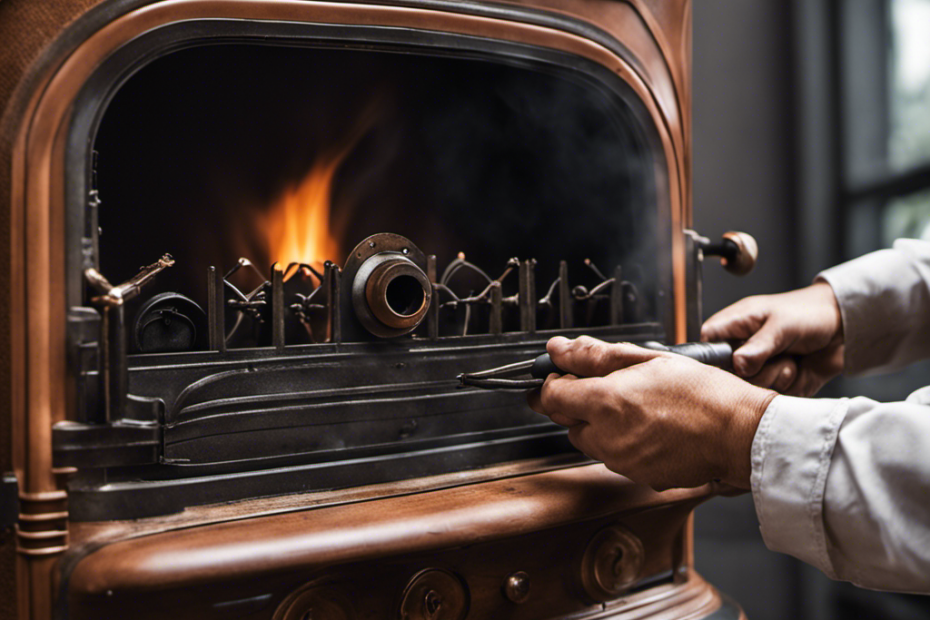 An image capturing a close-up view of a skilled hand adjusting the air vents on a smokey wood stove, with plumes of gray smoke billowing out and dissipating into the room