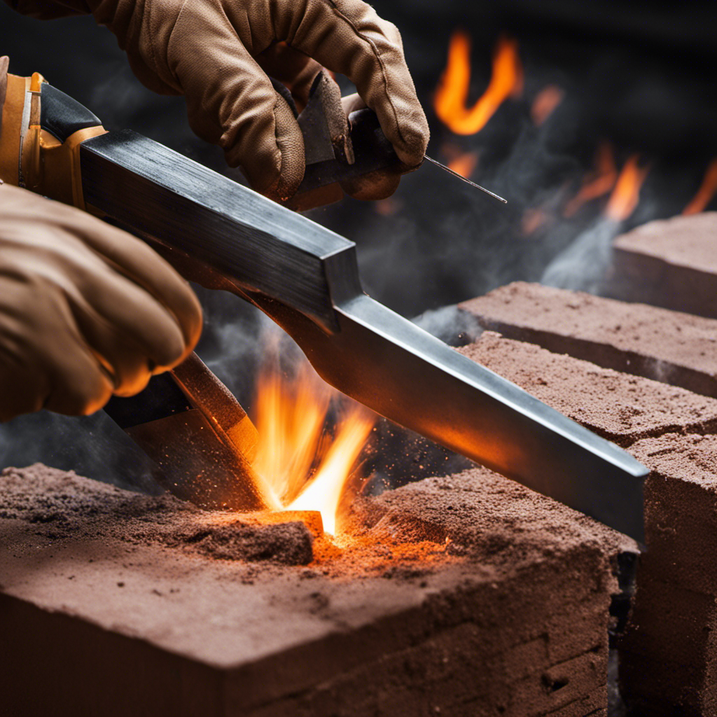 An image showcasing a pair of sturdy gloves, a brick splitter tool, and a neatly cut fire brick