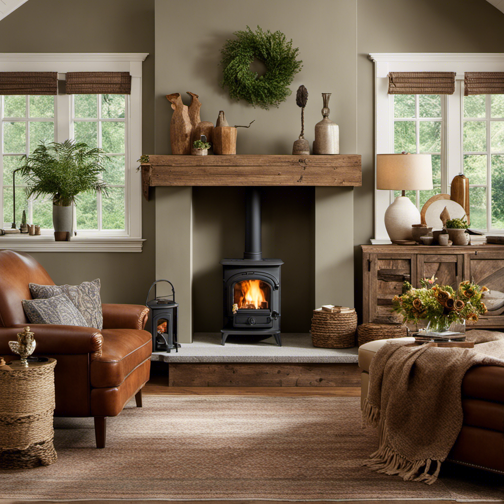 An image showcasing a cozy living room with a rustic wood stove as the focal point