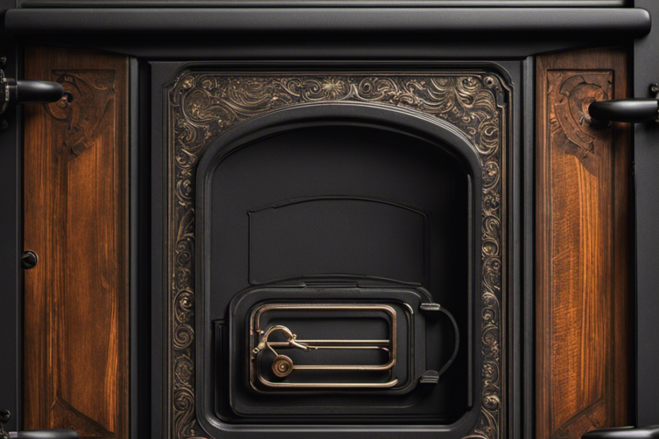 An image showcasing a close-up of a wood stove door, with a measuring tape placed along the edge, highlighting the intricate details of the gasket size determination process