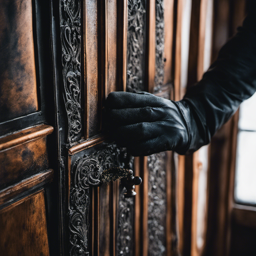 a close-up shot of a gloved hand delicately scrubbing the grimy, blackened surface of a wood stove door with a soft-bristled brush, revealing the faded, intricate patterns underneath
