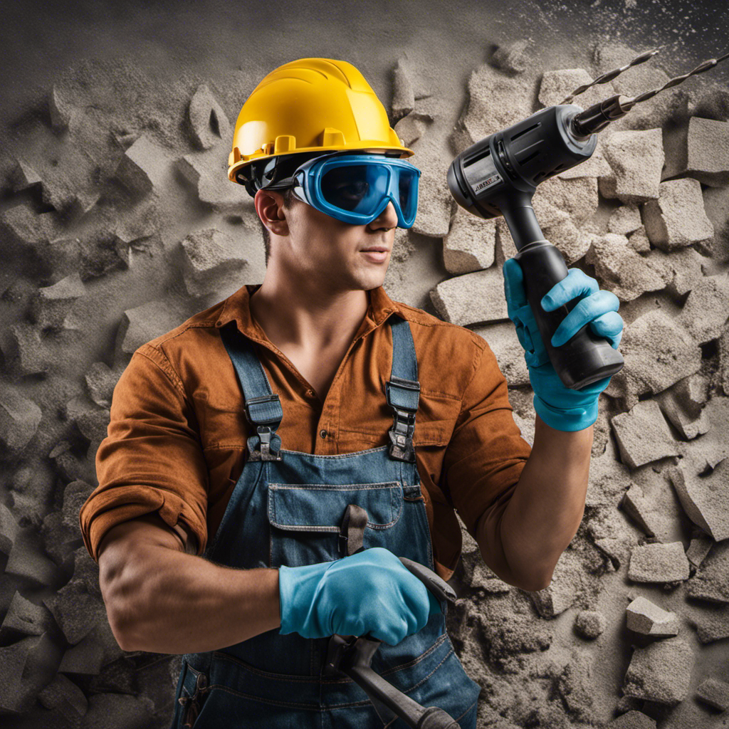 An image depicting a person wearing safety goggles and ear protection, holding a heavy-duty hammer drill with a masonry bit