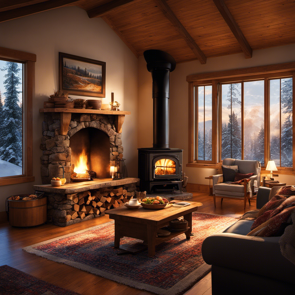 An image showcasing a cozy living room filled with the warm glow of a wood stove