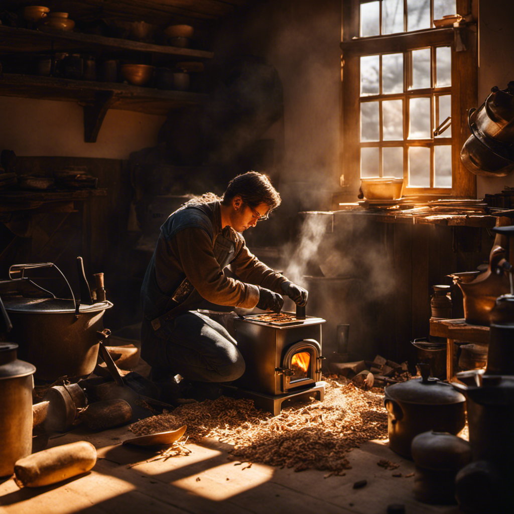 An image of a person crouched on the floor, hands fixing a cooking wood stove